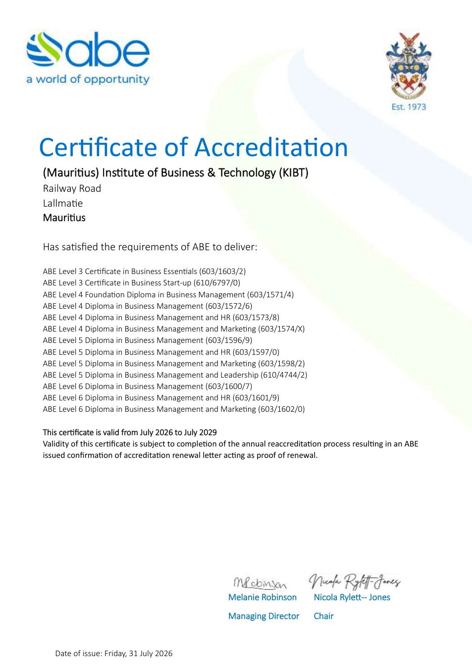 Preview of ABE accreditation certificate