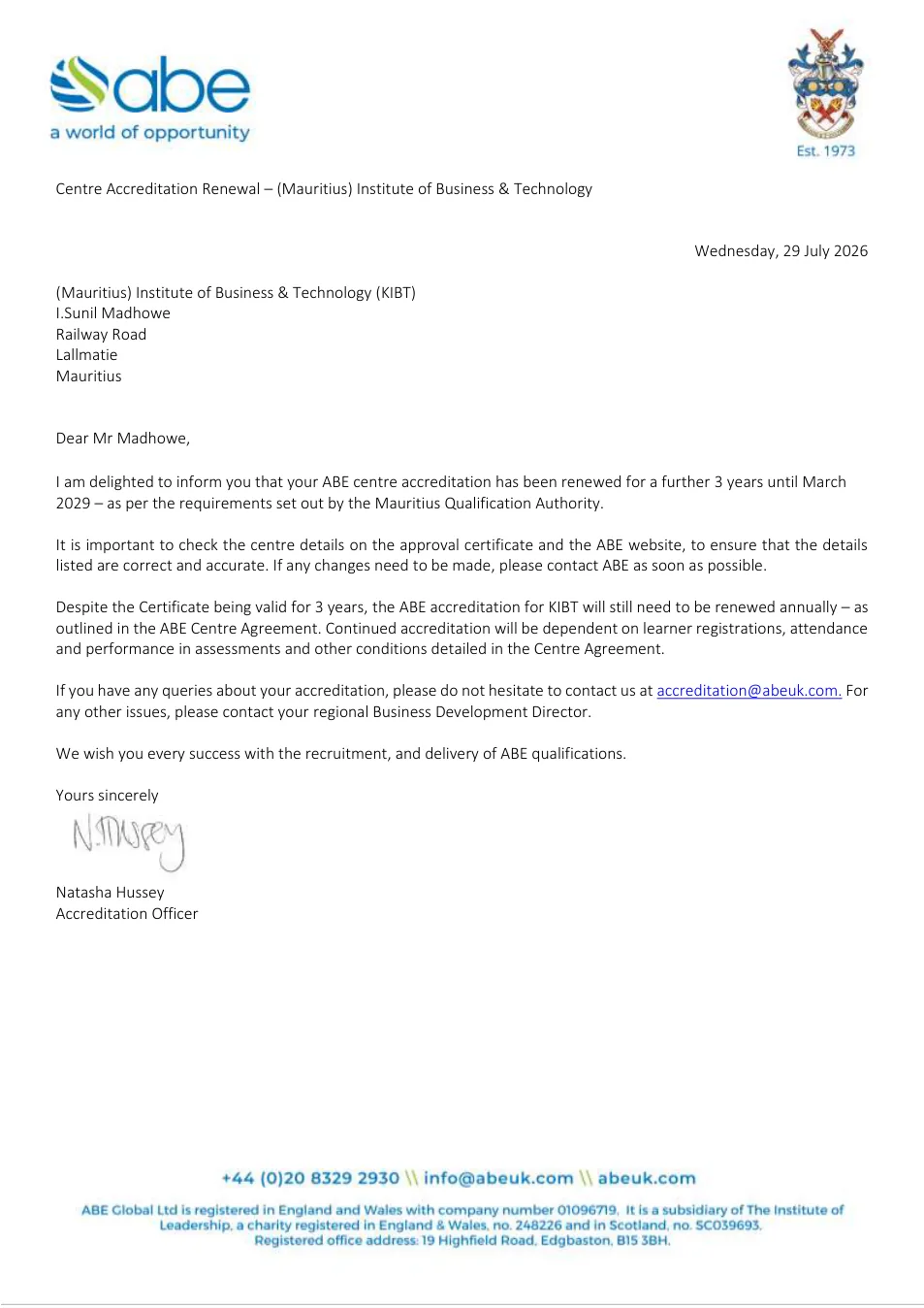 Preview of ABE accreditation renewal letter