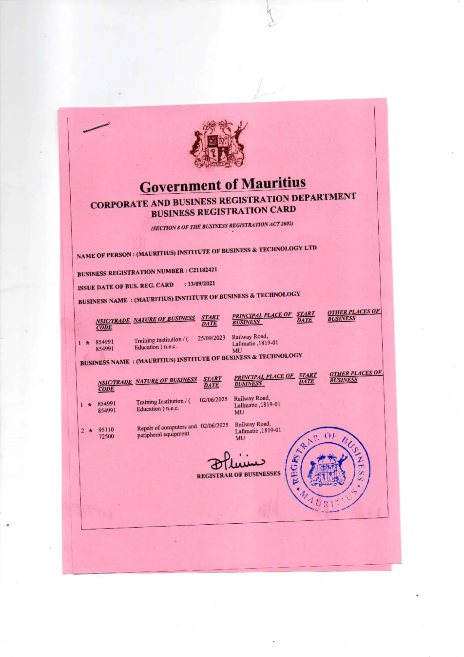 Preview of business registration card